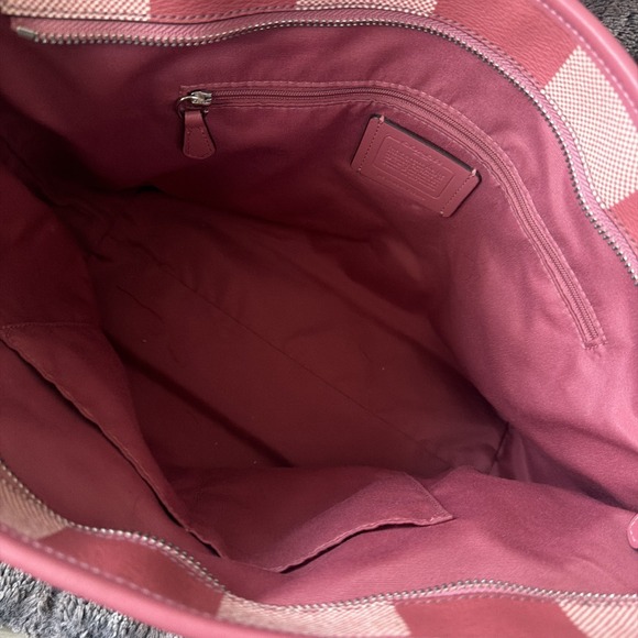 COACH Buffalo Plaid Red Pink Tote Bag Leather Trim & Full Size Wallet Wallet - Picture 14 of 16